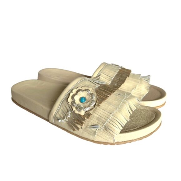 Manitobah Wasaga Fringe Slide US 10 Metallic Cream Turquoise Flower New - Picture 3 of 11